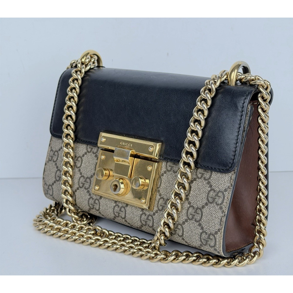 Gucci Padlock Small GG Supreme Shoulder Bag Beige Canvas and Black Leather S08